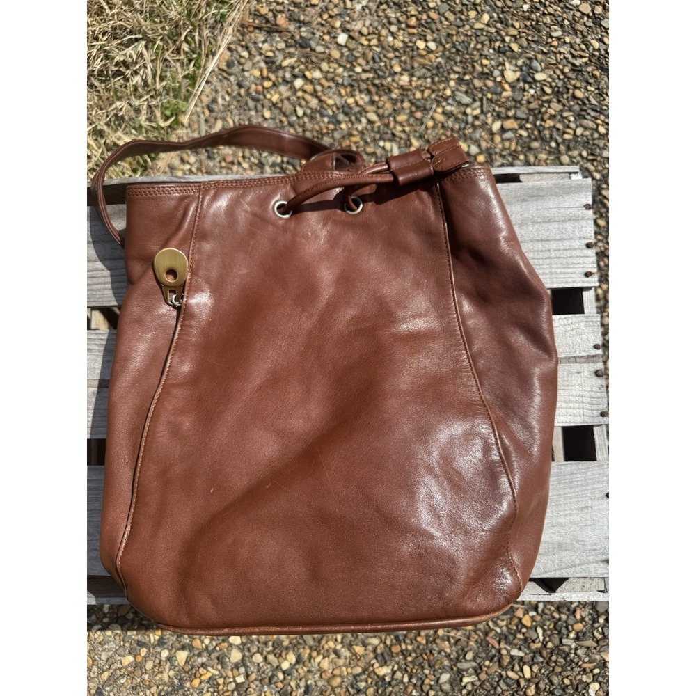 LIZ CLAIBORNE Shoulder Purse Satchel Tote Leather Bucket Bag Brown Rare